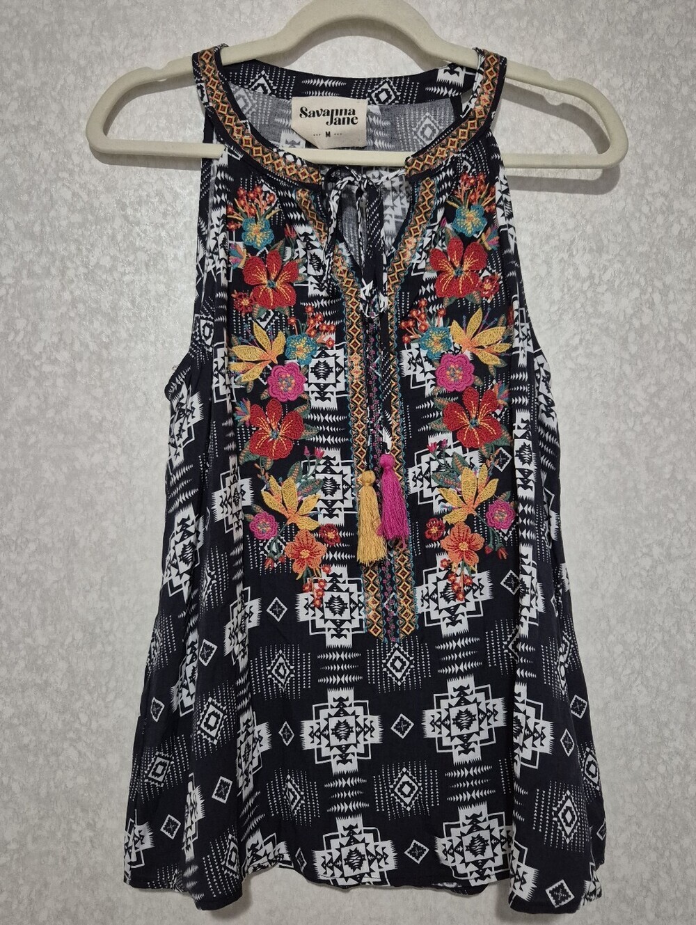 Savanna Jane Navy Embroidered Floral Halter Top...Size:M